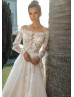 Long Sleeves Ivory Lace Tulle Pearl Buttons Back Wedding Dress